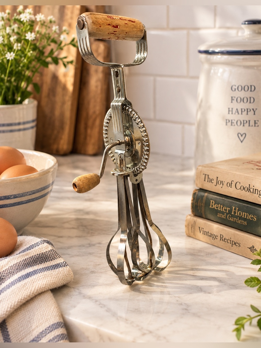 Vintage EKCO A&J High Speed Beater Hand Mixer Egg Beater USA Wooden Handle